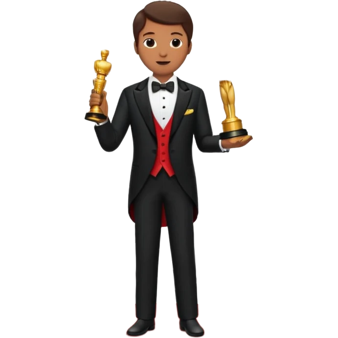 an actor standing on a red carpet with a formal tuxedo, with an oscar in his hand emoji