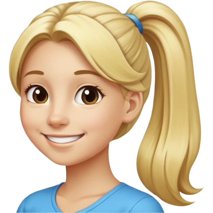 blonde girl smiling with long hair in a pony tail emoji