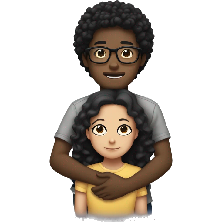 black boy with curly hair and glasses hugging an Asian girl with no glasses emoji
