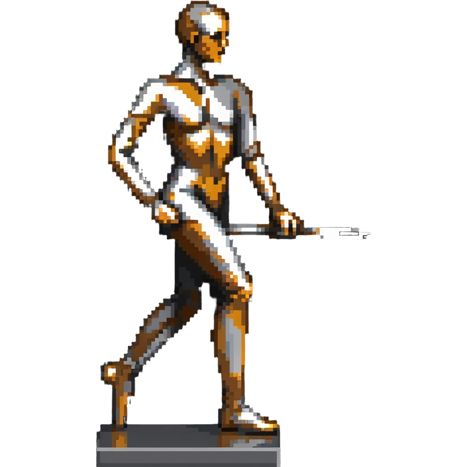 A paintbrush transforming into a silver metallic human silhouette sculpture with bronze accents, symbol of artistic identity emoji