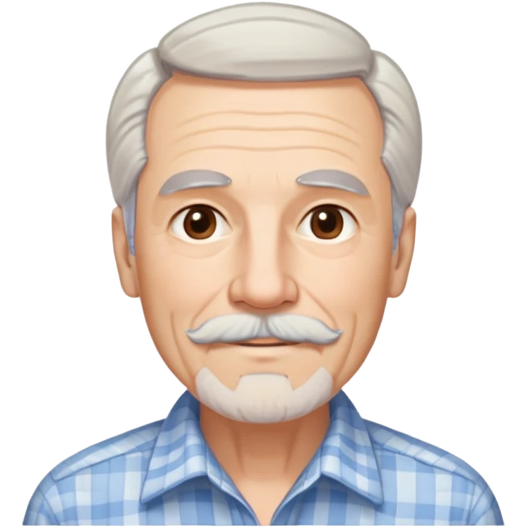 Man in his 70s with fair skin and gentle wrinkles. Long face with warm smile. Soft light brown eyes. Thin gray eyebrows. White goatee beard connected to mustache. Straight white hair combed back, longer on sides. Wearing a light blue and beige checkered button-up shirt. emoji
