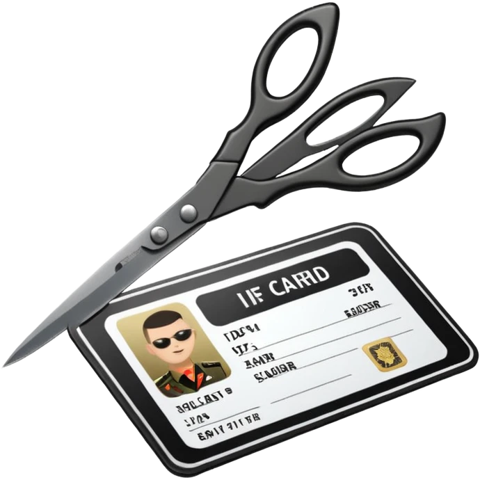 Floating black Scissors cutting an idf soldier ID card in 2 parts .hyper realistic emoji