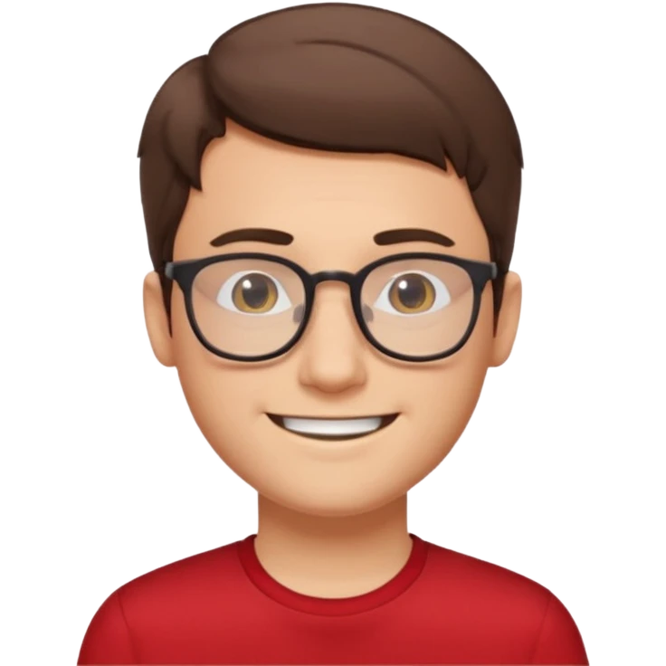 guy with short brown hair and glasses. he looks like a nerd. he is wearinf red emoji