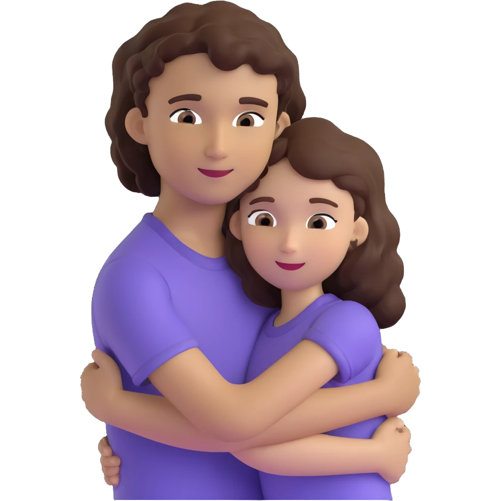 girl with long light brown hair and pale skin hugging a boy with short black curly hair and tanned skin emoji