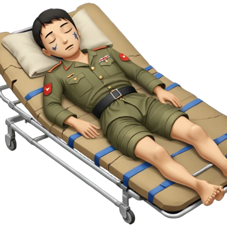 wounded man of oriental appearance, dressed in torn clothes, full length, with closed eyes, head lying on stretcher, in prone position, with injuries on black military stretcher, 1980 emoji