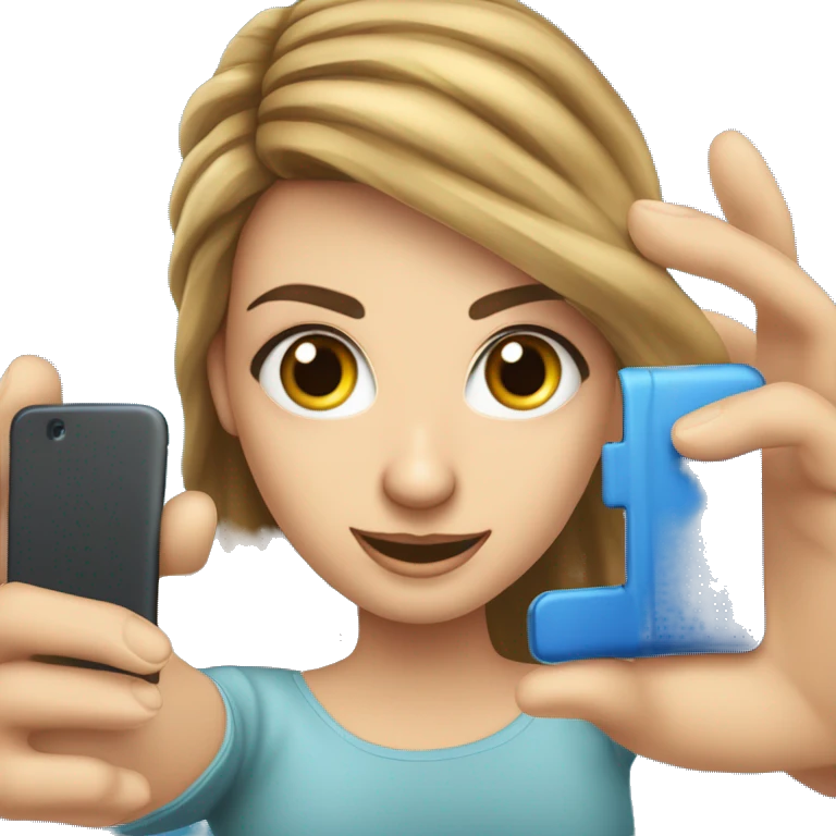 Uma garota de cabelos loiros e olhos azuis, segurando um celular fazendo selfie emoji