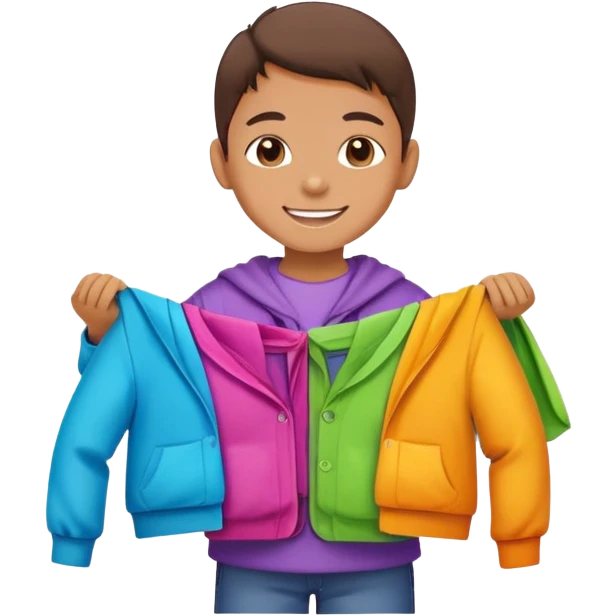 child folding colorful clothes, smiling, organized emoji