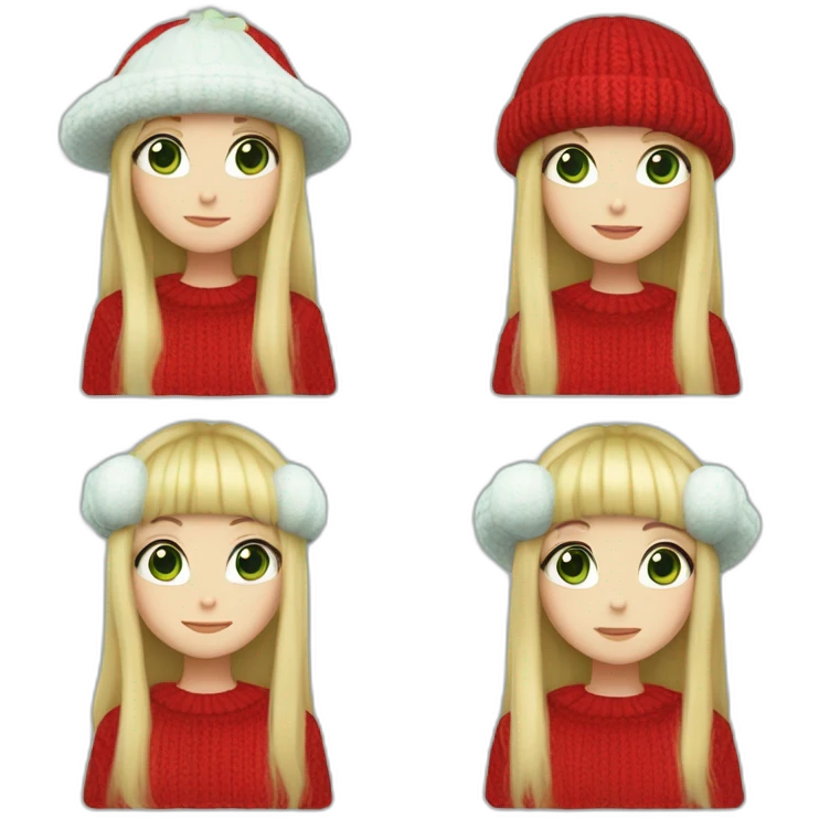 Girl with long blonde hair with bangs, blue eyes, white skin, wearing a frog hat, red sweater, green shirt, a fish necklace and an among us brooch emoji