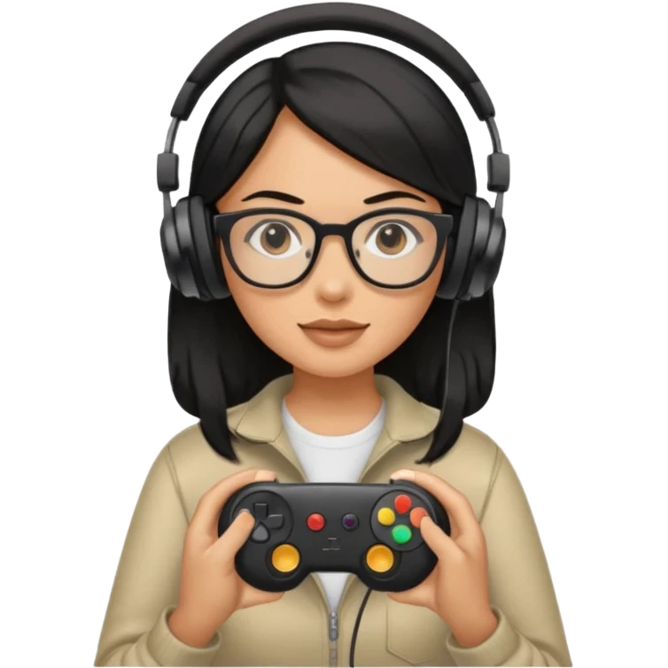 
gamer, woman shiny black hair no eyebrows with glasses, headphone, gamepad emoji