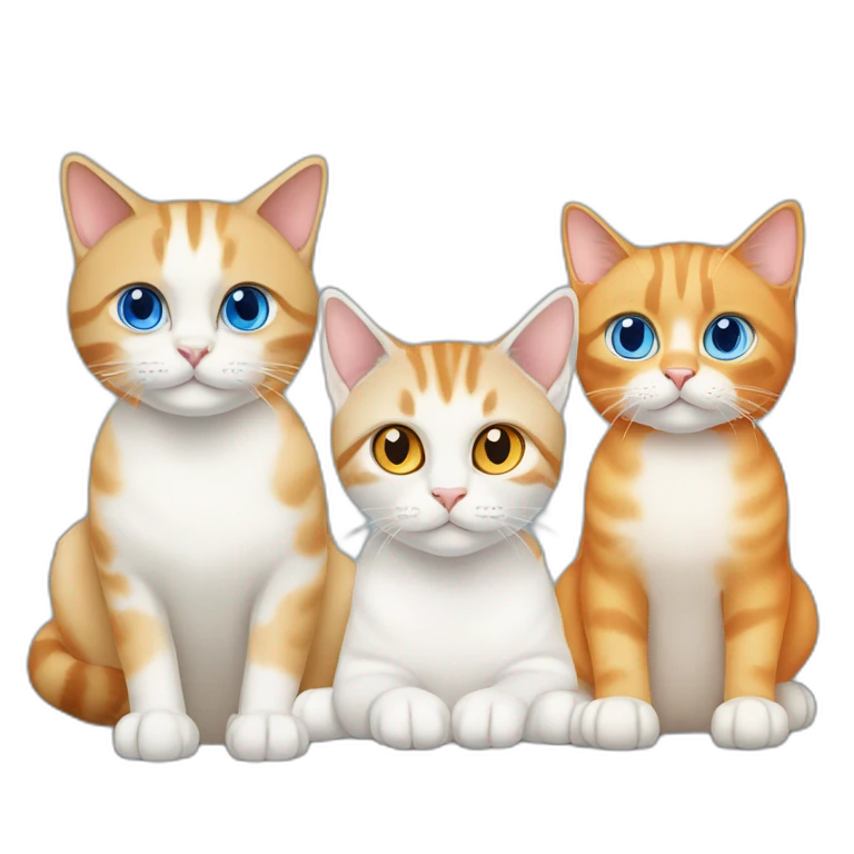three cats sitting together, one lynx siamese cat with blue eyes, one orange and white tabby cat with yellow eyes, one orange cat with orange eyes emoji