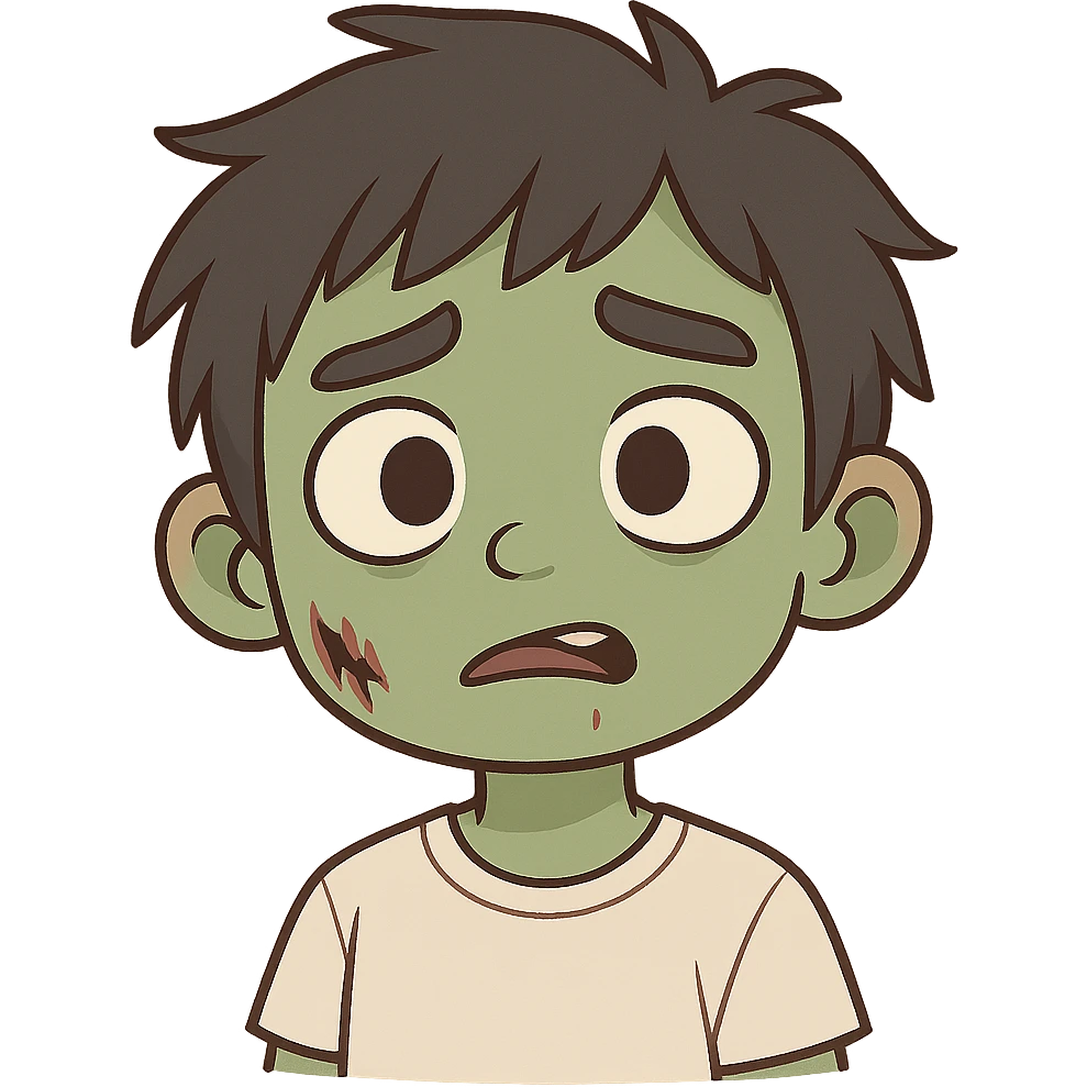 Create a chibi sticker style version of the character with green skin, messy black hair, and a slightly confused expression. Keep the background transparent. emoji