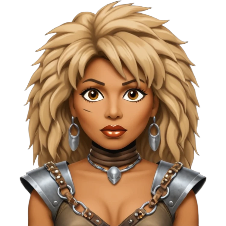 solarpunk ultra HD - portrait of Tina Turner in costume from the movie Mad Max Beyond Thunderdome, dramatic backlit by bronze spotlights emoji