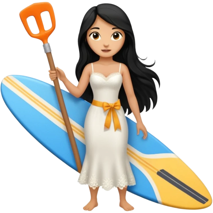Bride black long hair holding her phone and long shovel with another hand. Under her feet, there is one surfing board. emoji