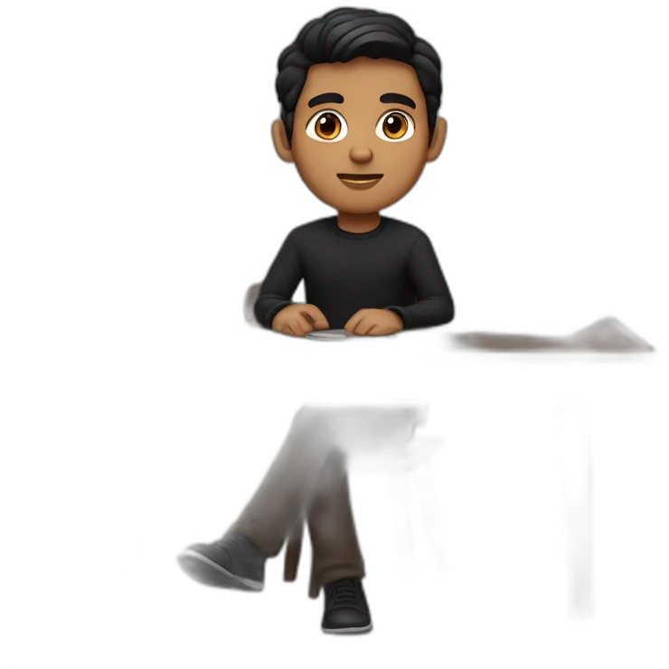     memoji of a man with a laptop in front, apple-style,modern,dark hair,black sweater,computer in hand, srilankan brown skin, sitting on his desk, dark brown eyes emoji