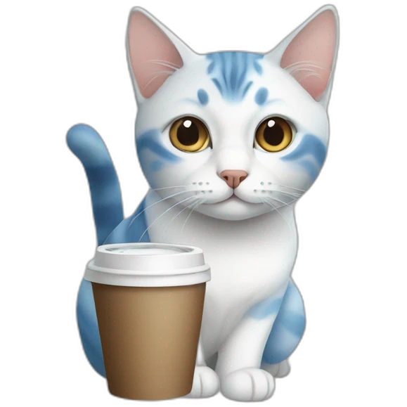 White blue-point cat with coffee emoji