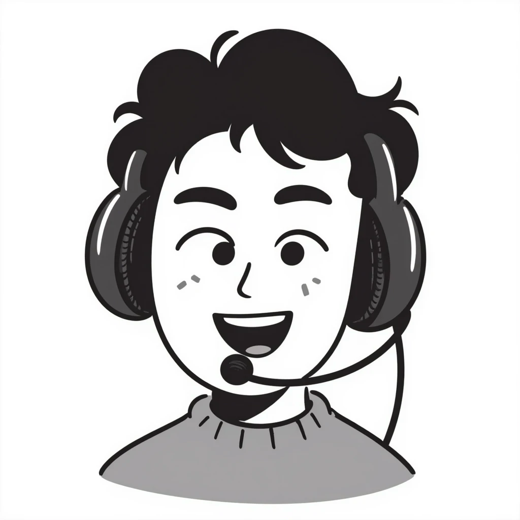 anime style laughing man with black hair, brown eyes, black beard wearing gaming headset emoji
