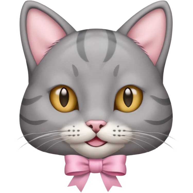 Head of a grey cat, smiling, with a loose ribbon on top of its head emoji