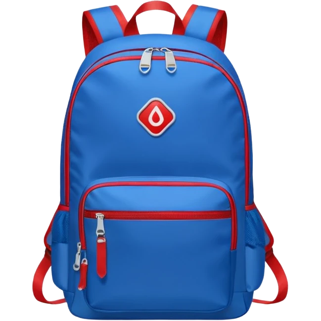 blue backpack with two diveded logo (leftside white, right side red) at the bottom pocket

 emoji