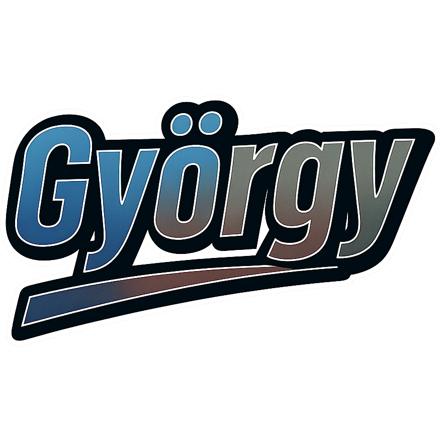 György name in masculine, modern, gradient font with precise Hungarian characters, dark contour, prominent visible white border, dynamic slanted underline, masculine color shades including blue, gray, burgundy, green, brown, 1000x1000 px, PNG, transparent background emoji