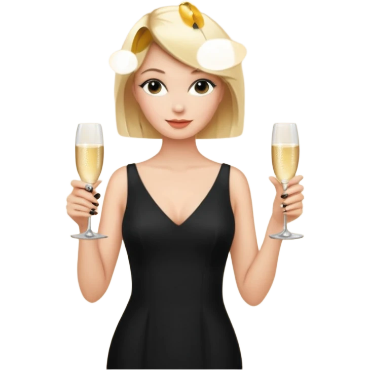 Blonde Woman, Long black slipdress, man black Cut,fly, Champagner glas emoji