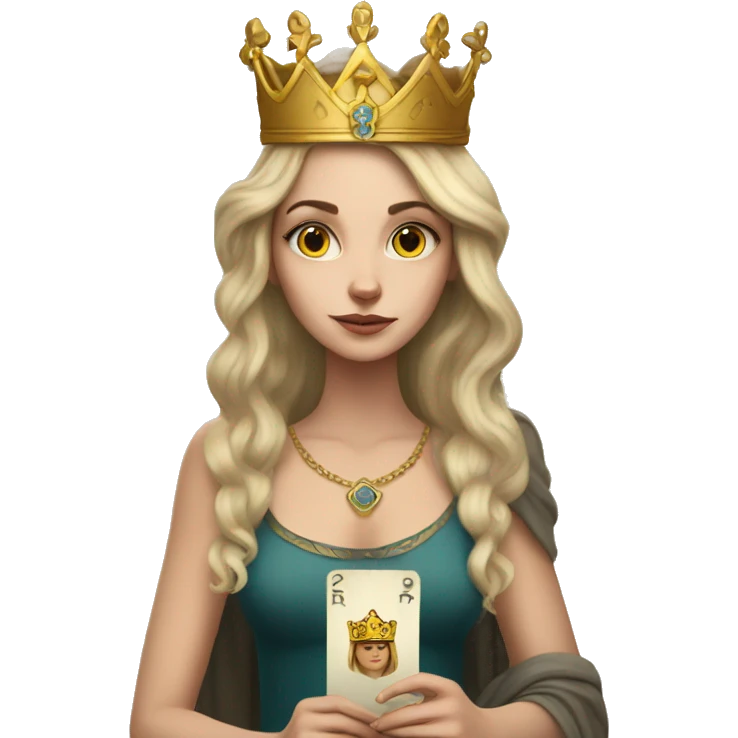 white girl with a crown on her head, she holds tarot cards in her hands emoji