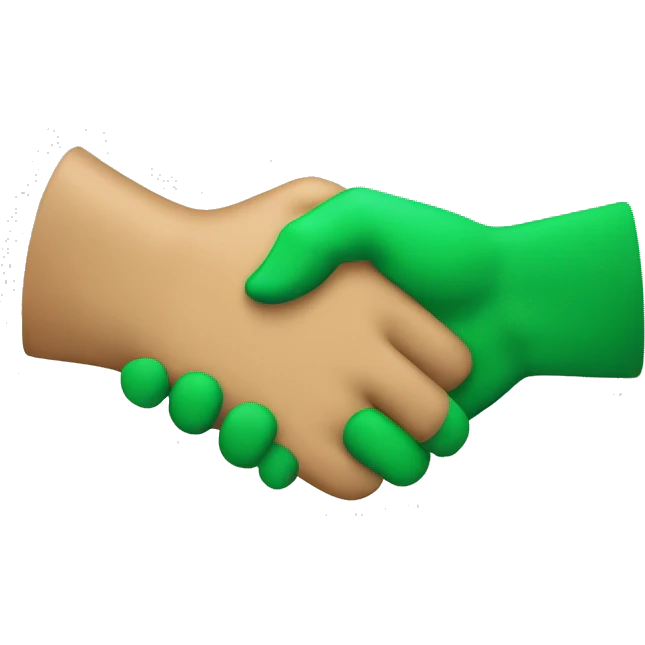 hand shake, one hand is tan, the other is green emoji