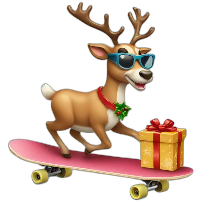 Reindeer wearing sunglasses delivering Christmas gift on skateboard emoji