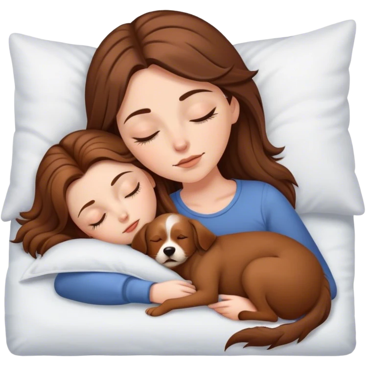 White girl brown hair sleeping with brown dog with pointed ears and lots of hair emoji
