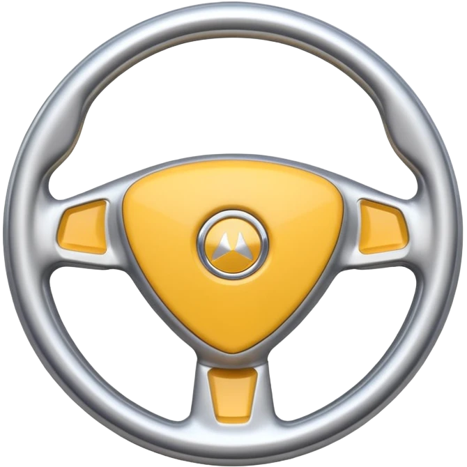 A futuristic steering wheel emoji made of silver chrome, minimal geometric design, smooth metallic surface, soft reflections, iOS emoji style, centered, clean white background emoji
