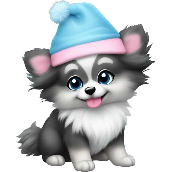Gray and black Merle pomeranian puppy full body light blue eyes pink christmas hat on emoji