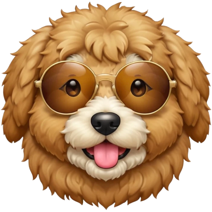 Create a  circle mini golden doodle dog with brown eyes tan fur emoji  sticking its tongue out with sunglasses on emoji