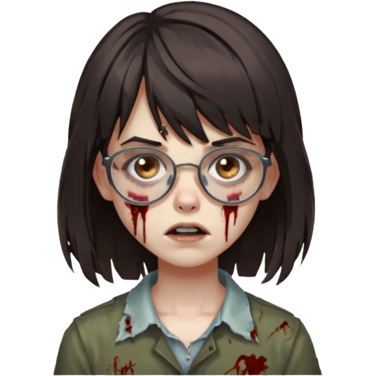 The basic iPhone emoji is a zombie girl with dark brown hair long below her shoulders bangs and a ragged haircut gray eyes glasses emoji