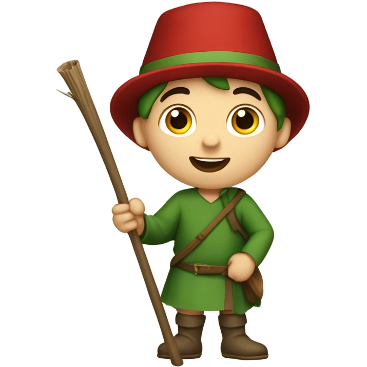 13th century European pilgrim boy with staff, red stockings, short green tunic and green hat, saying hurrah emoji