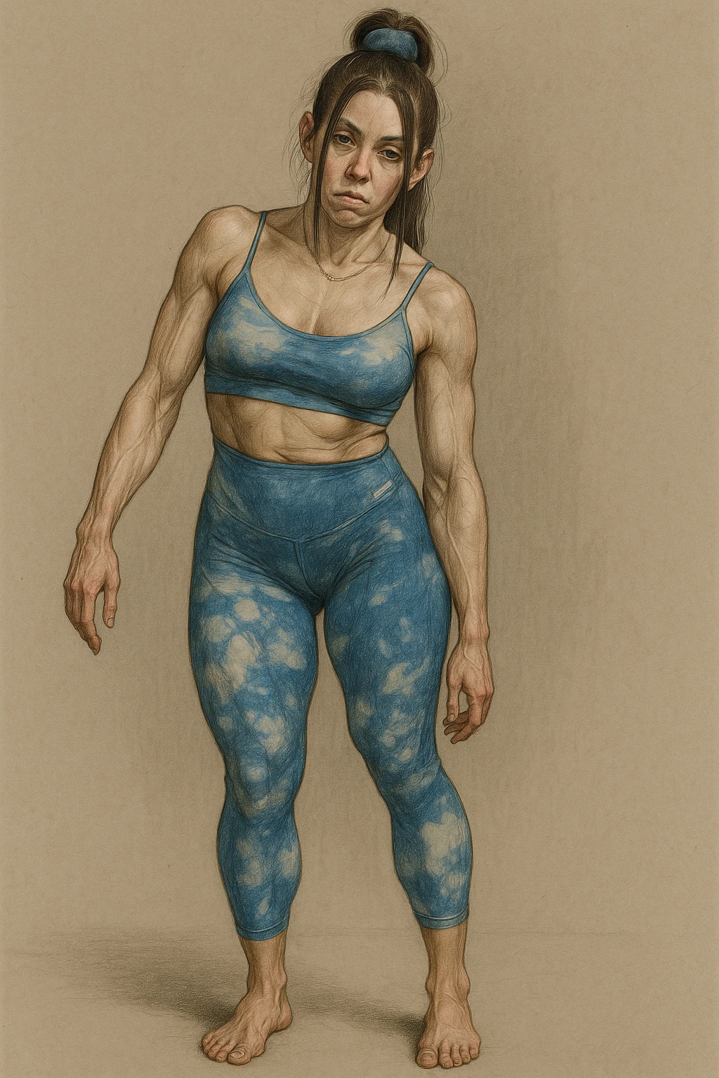 Realistic style illustration of a woman in sportswear with an asymmetric posture showing evident postural problems. The anatomy is clearly visible with muscles and joints emphasized. The background is neutral and the format is vertical, inspired by the reference photo. emoji