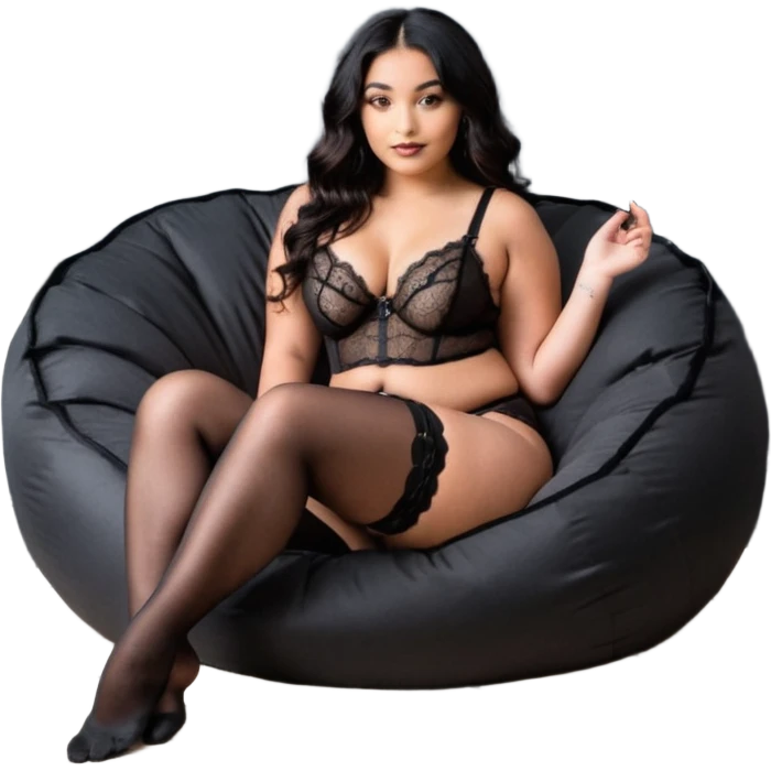 Curvy woman with brown skin with long wavy black hair, dark brown eyes. She's wearing a black lace lingerie, black lace thong, black stockings and suspender belt, she's sat on a big dark grey bean bag chair with her legs open and feet on the floor. She gestures you to come closer with her hand emoji