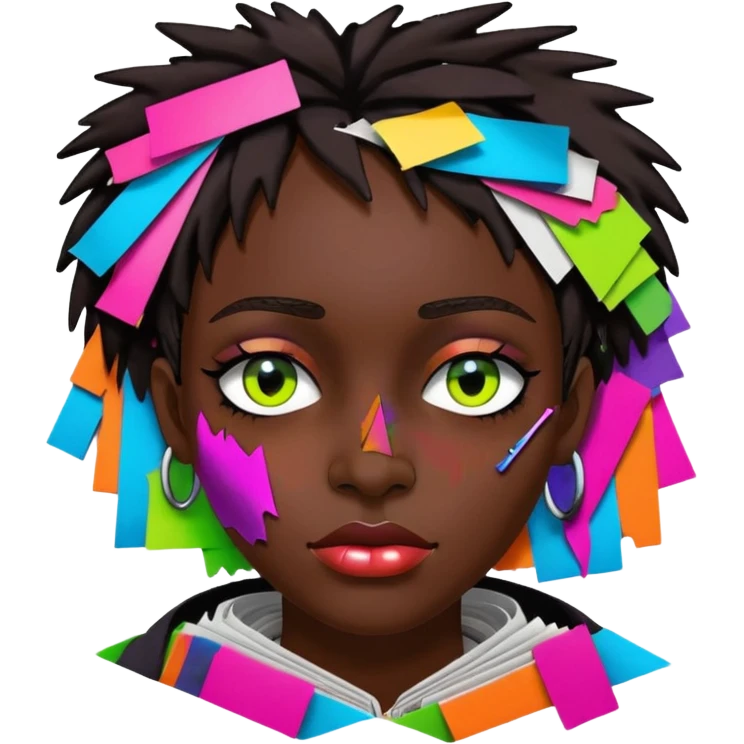 Colourful dark neon graffiti scribble scrapbook patchwork Person face portrait made entirely of multicoloured torn up magazines emoji