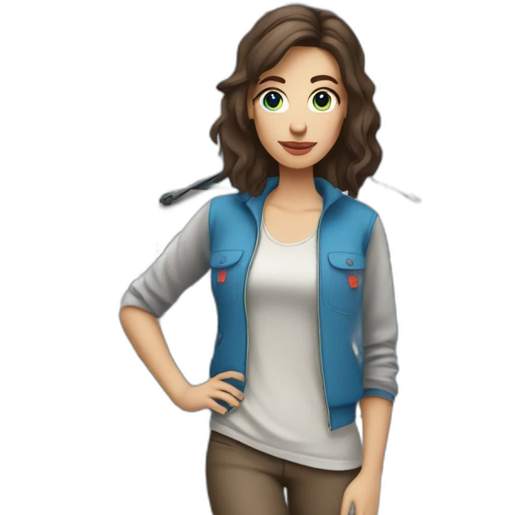 Hip white blue eyes brunette woman with a sporty camper van emoji