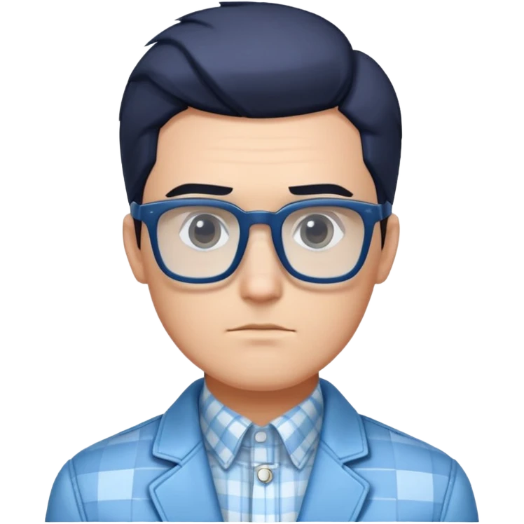 Man with square face, large dark square glasses, short straight hair combed to the side. Serious-relaxed expression. Light blue jacket, white shirt with blue checkered pattern. emoji