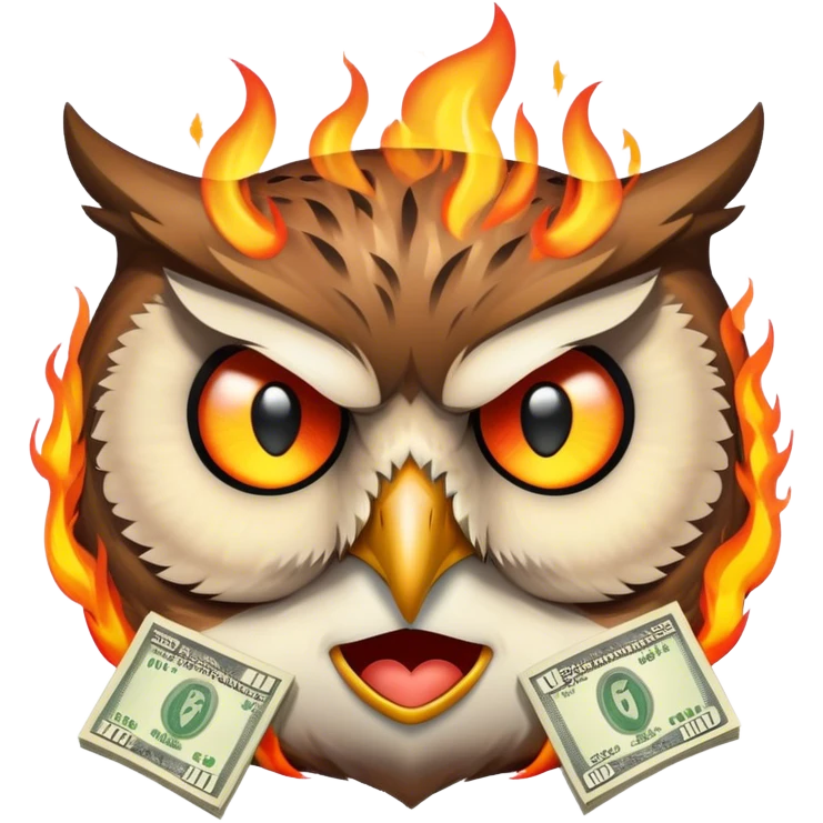create an emoji of an owl face with flames around and dollar notes in his eyes emoji