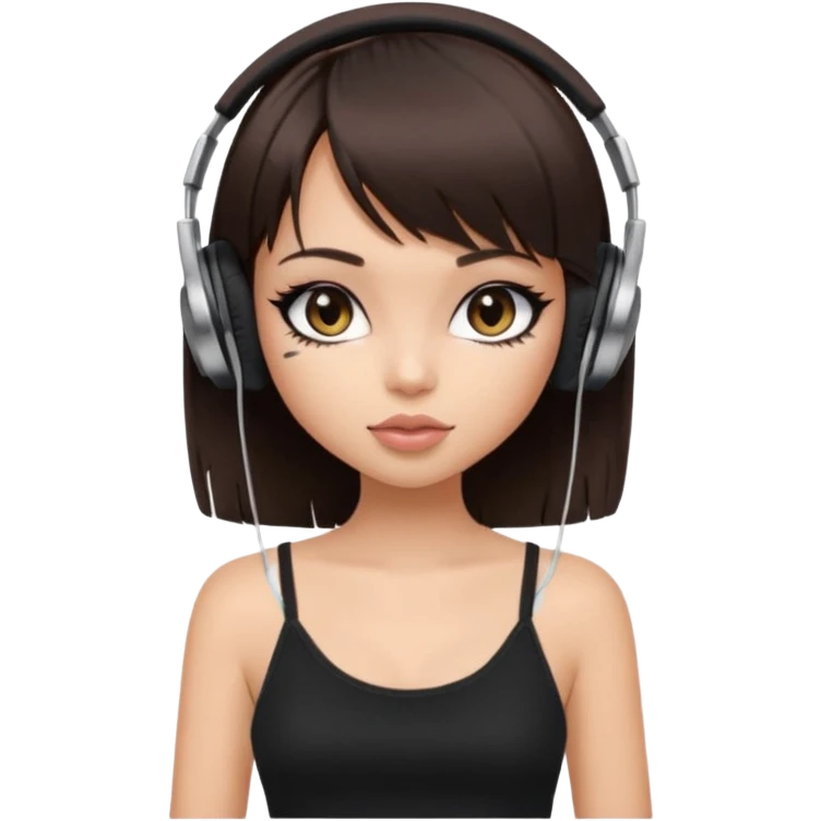 generate a pretty bratz girl in black cami top, dark brown straight bob hair with bangs, eyeliner on, listeninh to music emoji