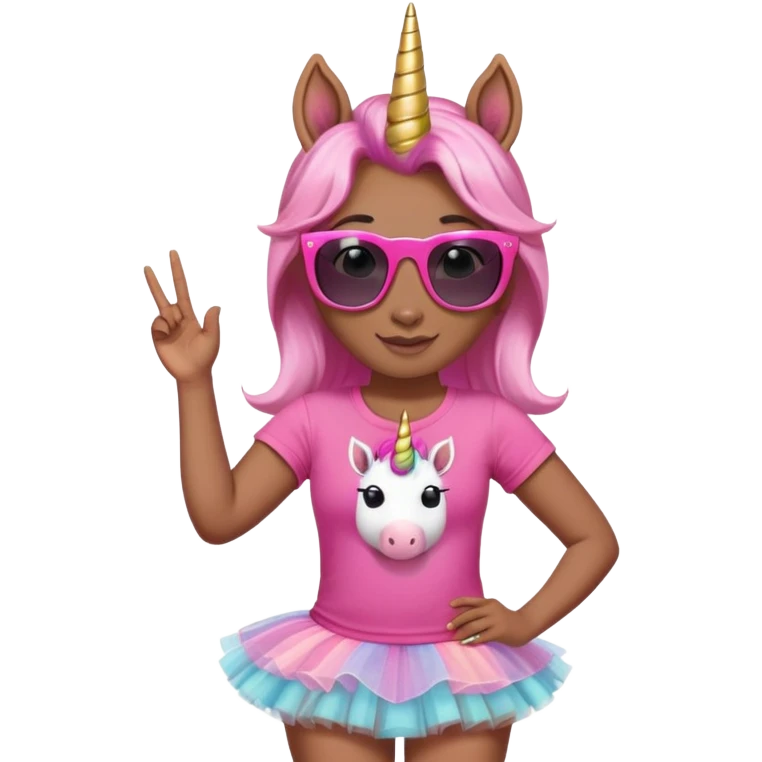 friendly anthropomorphised female unicorn in tutu and pink t-shirt, wearing dark sunglasses, standard pose, head and shoulders portrait emoji