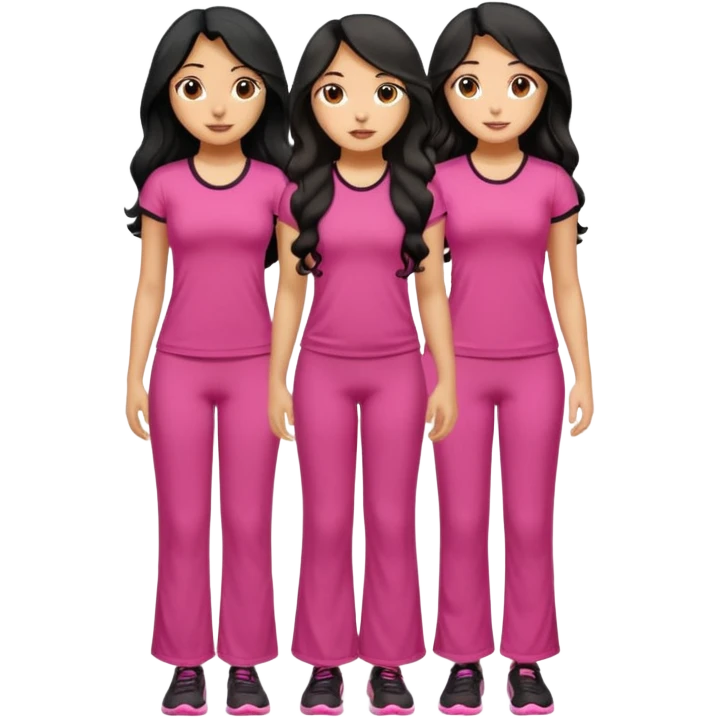 3 olive skin tone best friends. First one wearing pink gym attire modest with long black hair wavy. Second one wearing a pink fitted long maxi dress with curves long black hair and the last one wearing pink casual clothes with brown mid length hair emoji