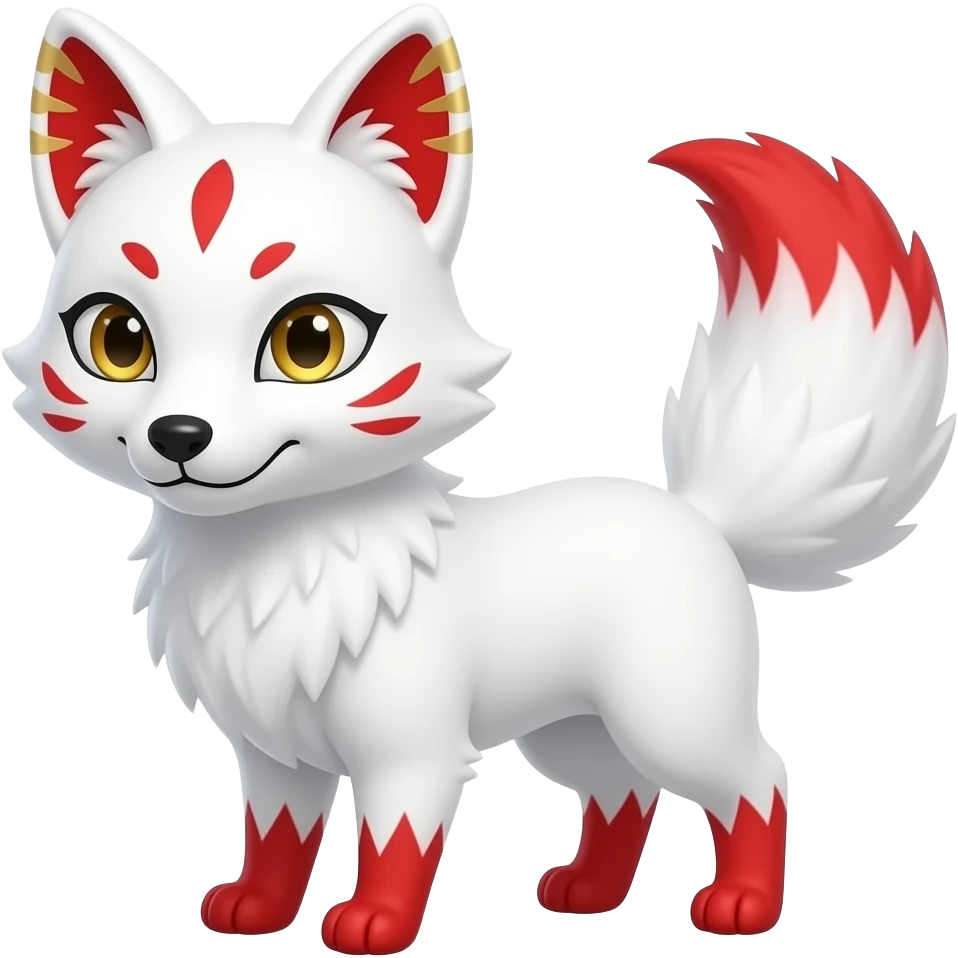 A white one-tailed kitsune (fox form,) with red accents, (two on each cheek, and a single one of its forehead,) red on the insides of its ears, (with gold markings in the ears,) and pale golden eyes. No red on paws and a red tail tip. emoji
