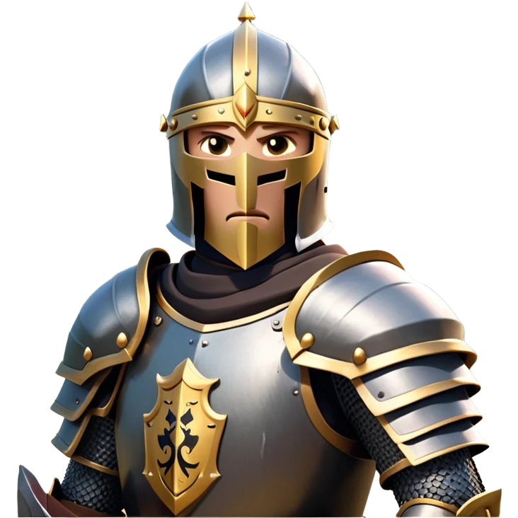 clash-of-clans-aesthetic_-cinematic-fearsome-and-majestic-knight-bust-portrait-emoji, rendered in a flat, vector-style with minimal shading and bold, simplified shapes, depicting a battle-ready medieval knight with steely eyes and intricate armor, mounted riding on a black warhorse reflecting sunlight over a misty battlefield. emoji