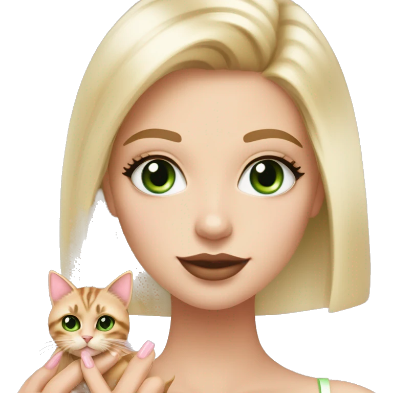 A girl with green eyes and blonde straight hair, and makeup nude lipstick  and eyelashes, oval light pink fingernails ,white top, holding a tortoiseshell cat with green eyes emoji