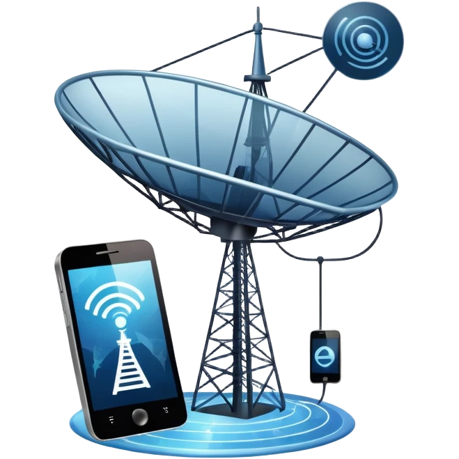 An icon featuring a satellite dish, a cell tower emitting signals, and a smartphone displaying a chat interface. The design includes fiber-optic cables and data waves, symbolizing global communication, connectivity, and information exchange. Transparent background. emoji