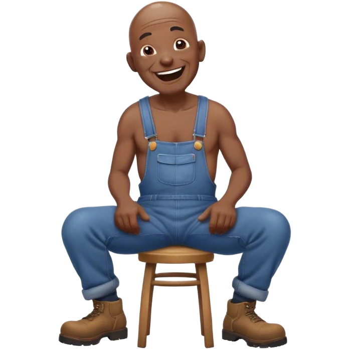 Side view Laughing telling story Old bald black man sitting on stool wearing overalls no shirt. eyes squinting emoji