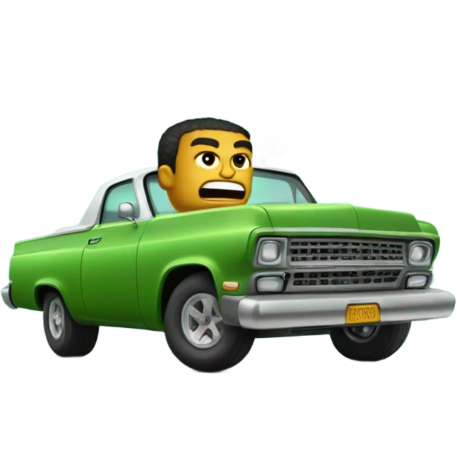 Block face, angry little man smoking and blowing big clouds while riding in a green Lowrider emoji