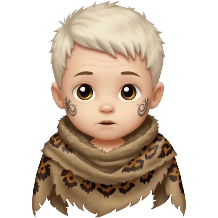 ancient hairy white baby tatooed boy, tattered animal skin shawl emoji