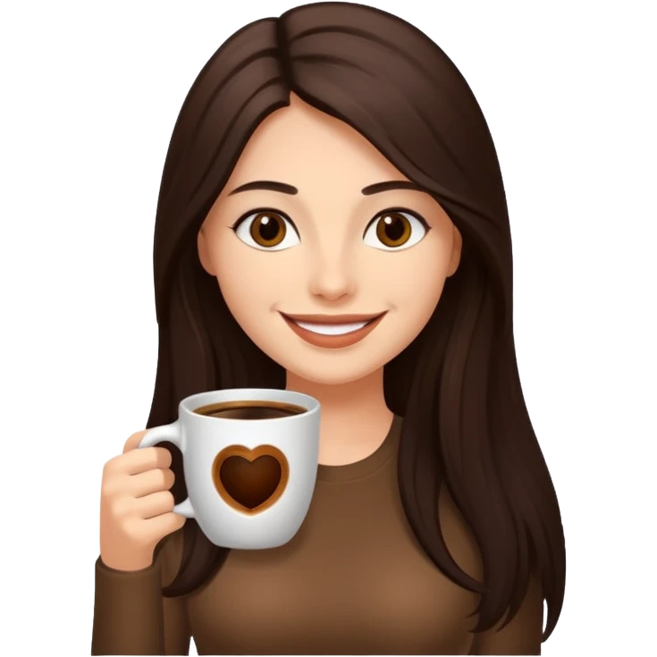 Straight Dark Brown long haired sexy woman smiling with dark brown eyes with cup of coffee emoji